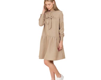 Beige dress/Beige dress women/Short dress/Dress beige/Casual dress/Beige ribbon dress/Summer dress/Holiday dress/Day dress/Cute summer dress