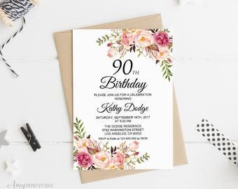 90th Birthday Invitation, Floral Women Birthday Invitation, Any Age Women Birthday Invite, PERSONALIZED, Digital file, #W02
