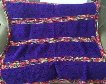 Crocheted Vibrant Colors & Purple Diamond Stitch Blanket