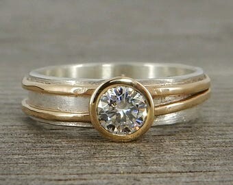 Asymmetrical Moissanite Ring - Recycled 14k Yellow Gold and Recycled Sterling Silver Ring Wedding / Engagement / Anniversary - Made to Order