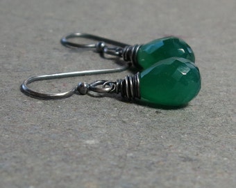 Green Onyx Earrings Wire Wrapped Briolettes Oxidized Sterling Silver Minimalist Petite Earrings