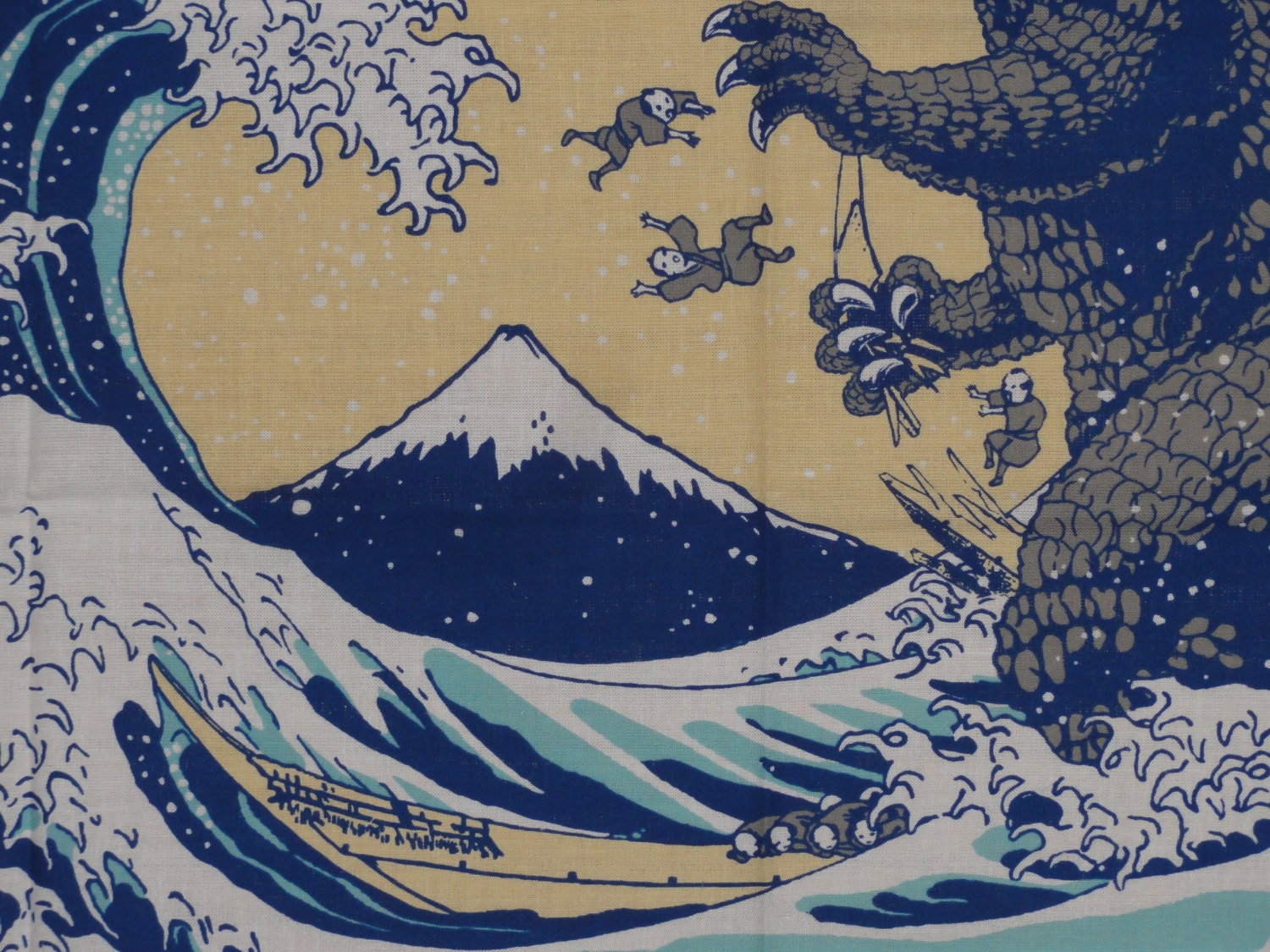 Godzilla Fabric Kaiju Japanese Tenugui 'Godzilla & Hokusai's Great Wave ...