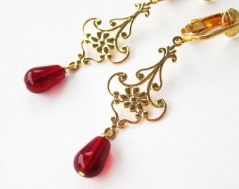 Gold and Red Clip-on Earrings, Golden Teardrop Flower, Dark Red Glass Drop Clipons, Burgundy Dangle Clip Non Pierced Earring, Maryanne Gold