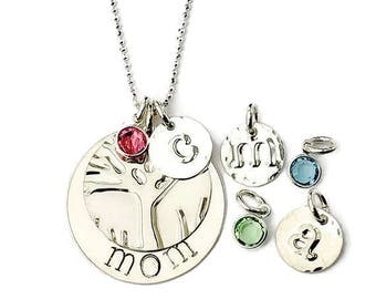 Mother's Day Gift|Mothers Day Birthstone|Custom Hand stamped|Monogram|Initial|Birthstone|Personalized|Jewelry|Sterling|Silver|Necklace