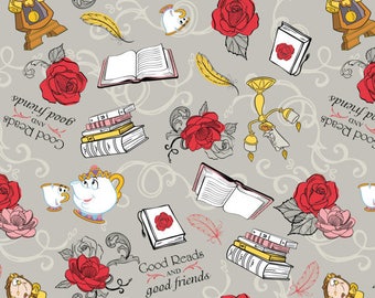 Disney Fabric- Beauty and the Beast Fabric - Friends in Gray, Camelot, 1 yard