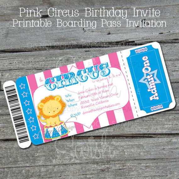 Girls Circus Birthday Invitation | Carnival Party Invite | Boarding Pass Birthday Invitation Ticket | Lion Elephant Monkey | Printable Il_570xn