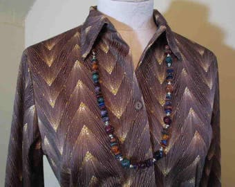 Starburst Art Deco blouse Vintage 70s Blouse Gold starlight Brown poly knit blouse 1970s Disco shirt L
