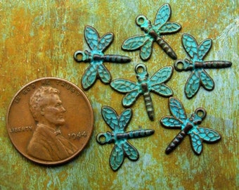 Dragonfly Charms - 6 pcs - Tiny Aged Teal Patina Dragonflies - Patina Queen