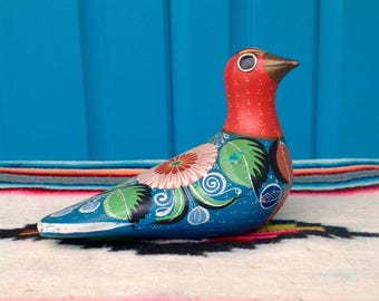 FREE SHIPPING-Vintage Colorful Mexico Tonala Bird Pottery Figurine-Mexican Folk Art Pottery-Dove-Bohemian-Hand Painted-Ethnic Decor-Daisy
