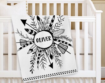 Personalized Baby Blanket, Boy Baby blanket, Feathers Arrows Tribal Receiving Blanket, Crib Blanket, Swaddling Blanket, Baby Shower Gift