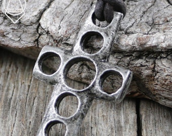 Mens Cross Necklace, Mens Leather Necklace, Cross Pendant, Surfer Necklace, Leather Cord, Pewter, Metal Cross, Christian Necklace, Rustic