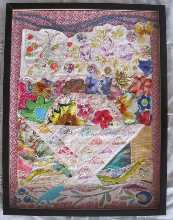 COTTAGE FLOWERS Textile Assemblage Fabric Collage Wall