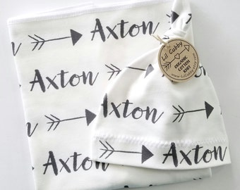 Personalized Swaddle Blanket for Baby Boy - Organic Cotton Knit Fabric - Receiving Blanket and Baby Knot Hat with Happy Camper Arrow