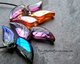 Glass Leaf Beads, Czech Glass, Curved Leaf, Assortment, Boho Beads, Leaf Pendants, Top Drilled, Pressed Glass Beads, Paisley, 18mm, 8