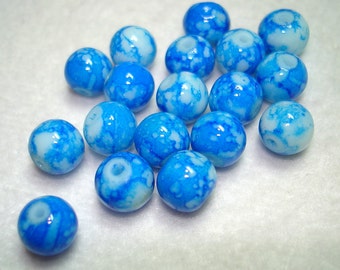 Blue Splashed White Glass Round Beads (Qty 18) - B3256