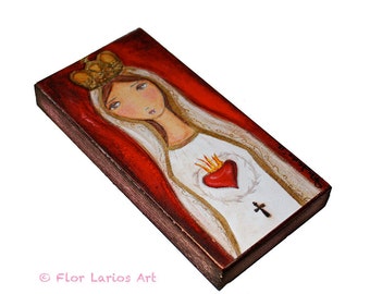 Virgen de Fátima - Giclee print mounted on Wood (5 x 10 inches) Folk Art by FLOR LARIOS