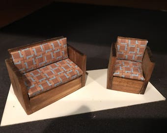 half scale, 1:24, 1/2" Dollhouse Miniature Sofa and Chair Set