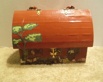 Vintage Wooden Red Barn Decoupage Farm Handbag Purse