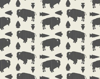 Southwest Buffalo Fabric - Buffalo Arrowheads-Dark Gray Cream By Bohemiangypsyjane - Southwestern Cotton Fabric By The Yard With Spoonflower