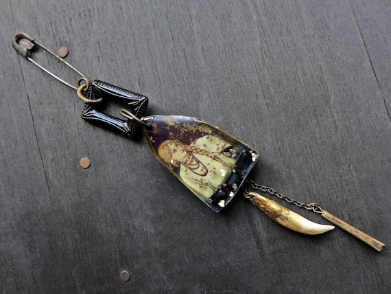 Artisan brooch with handmade rustic resin- "Naught but Love"