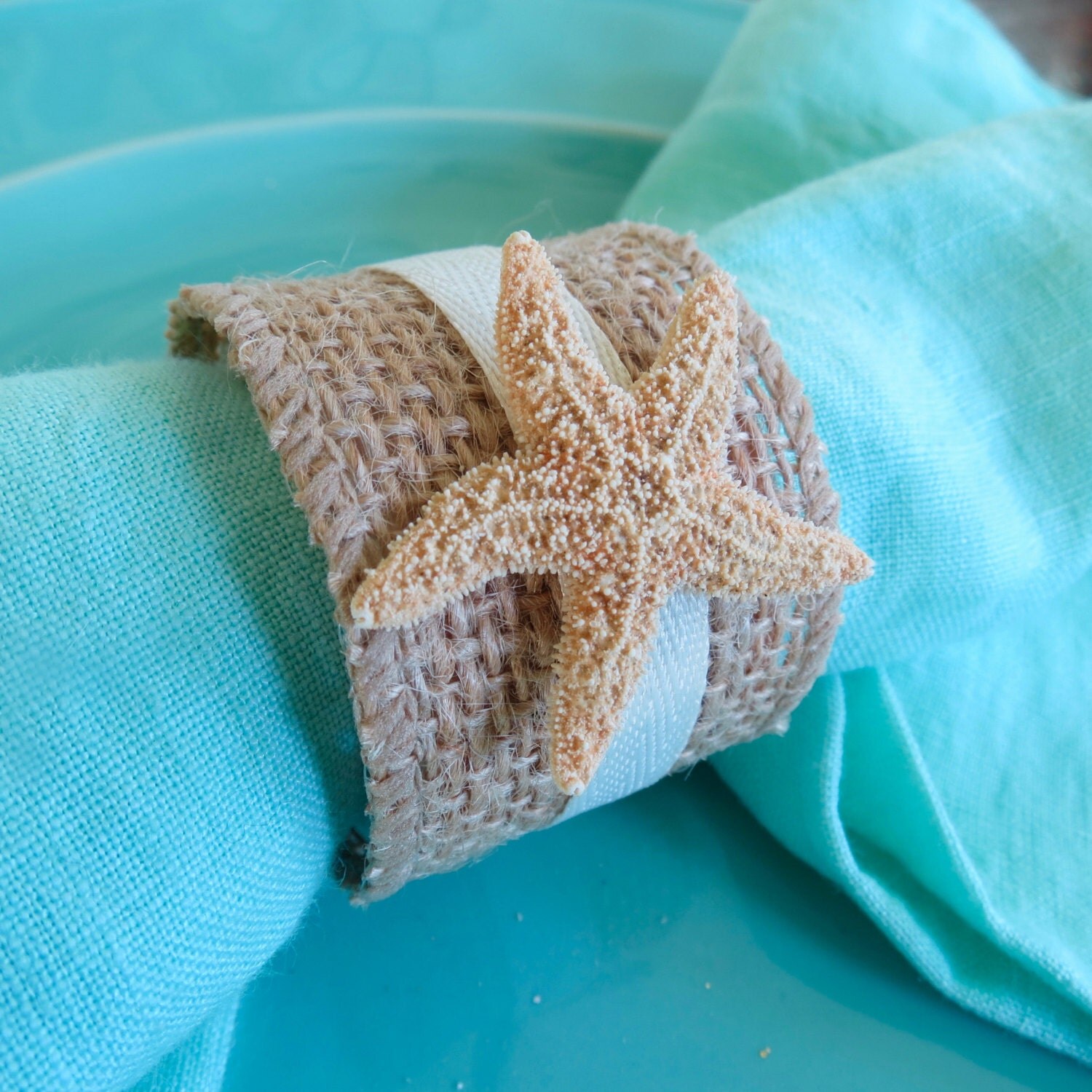 Sugar Starfish Burlap Napkin Ring Beach Wedding seashore