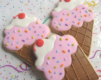 Ice Cream Cone Cookies - Favors - Large Ice Cream Cone Cookies - Ice Cream Cone Decorated cookies - 1 Dozen