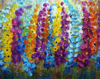 Original Painting Summer Flowers Impasto Oil on Large Canvas Art by Luiza Vizoli