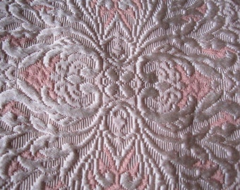 Vintage Italian Gorgeous Heavy Peachy Pink and Cream Brocade Fringed 92x106 Bedspread