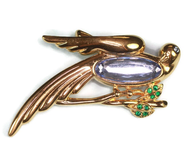 Dove Brooch Blue Glass Cab Tummy Monet Rhinestones Vintage