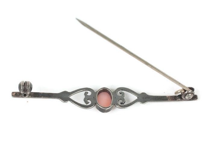 Silver and Coral Cabochon Bar Pin Heart Design Vintage