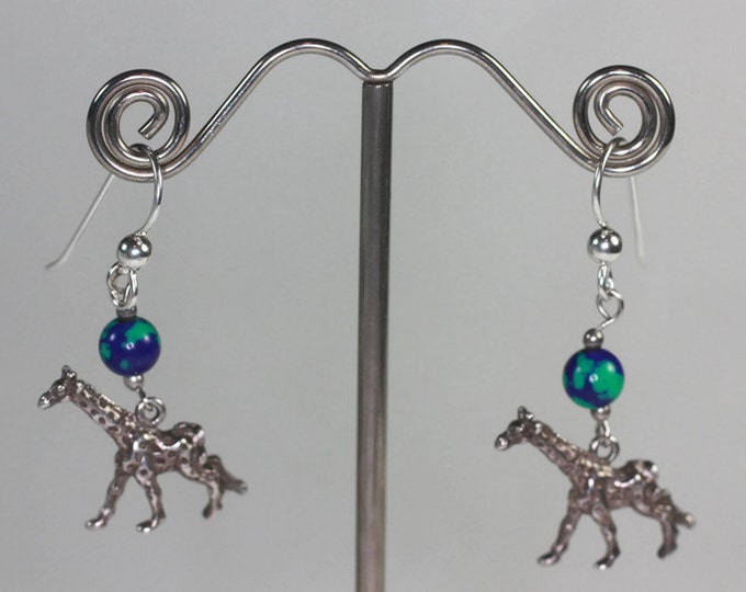 Giraffe Dangle Earrings Green Blue Beads Sterling Azurite Malachite Vintage