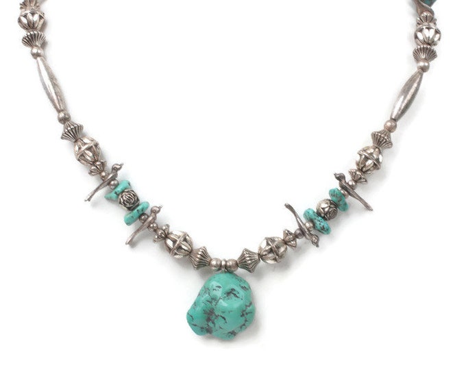 Native American Style Fetish Necklace Faux Turquoise Silver Tone Birds Vintage