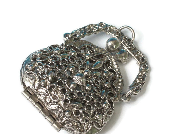 Purse Pendant Silver Tone Filigree Perfume Retro Vintage