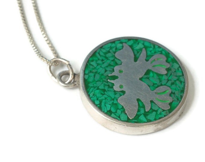 Two Doves Birds Crushed Green Stone Pendant Necklace Sterling Mexico