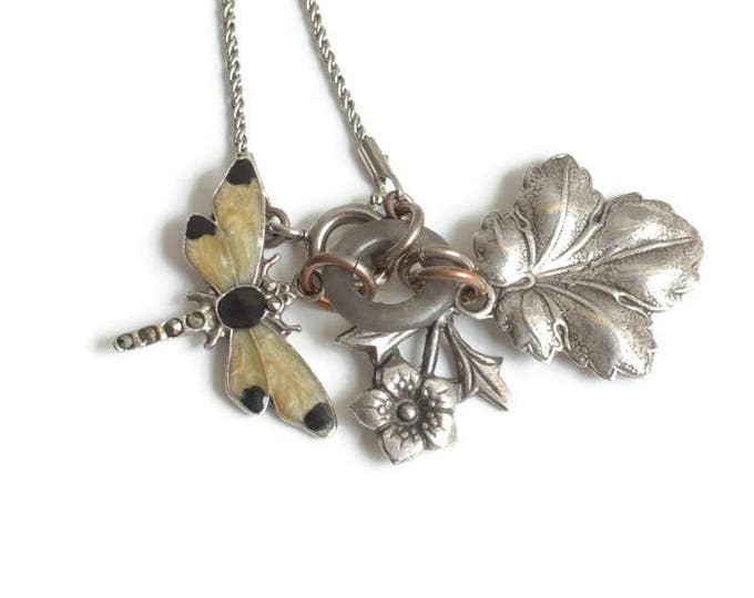 Enameled Dragonfly Leaf Floral Pendant Charm Necklace