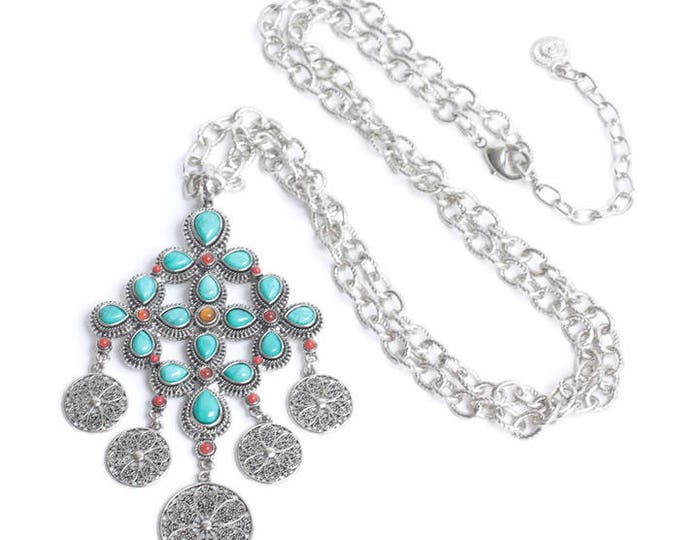 Graziano Turquoise Bead Necklace Cross Shaped Filigree Dangles Statement Piece