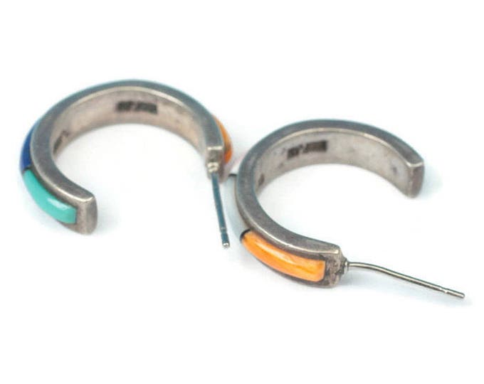 Southwestern Gemstone Earrings Channel Inlay Sterling Posts Half Hoops Vintage