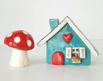 Turquoise Blue Little Clay House | Cottage | Ceramic House | Miniature House | Whimsical Fairy House | Hearthome Tiny House