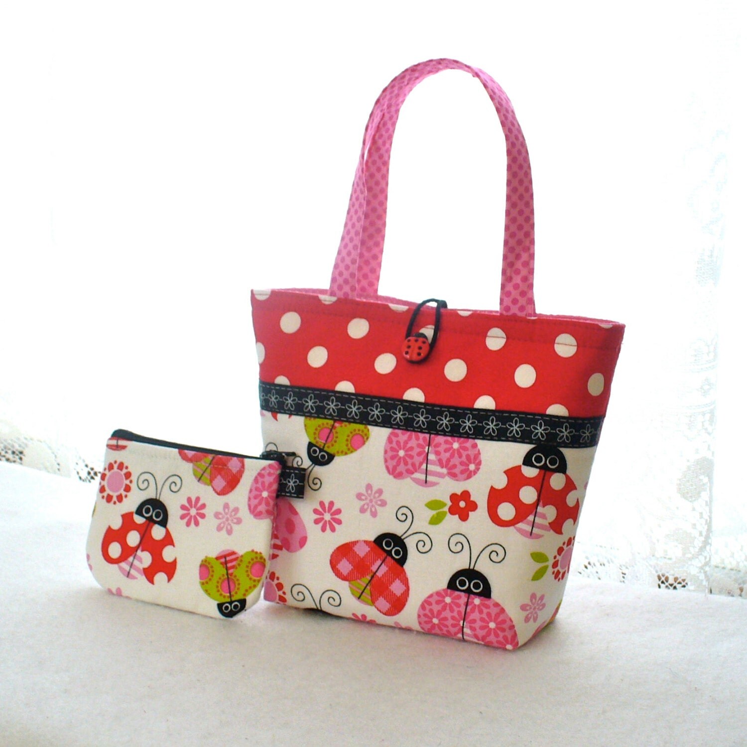 Little Girls Purse Coin Purse Set Ladybug Fabric Mini Tote Bag