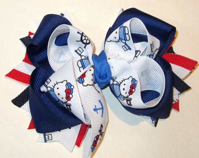 Nautical Kitty Bow, Boutique Hair Bow, Girls Nautical Hairbow, Toddler Bows, Navy Hairbow, Royal Sailor bow, Red Stripes Bow, Kitty Hairbow