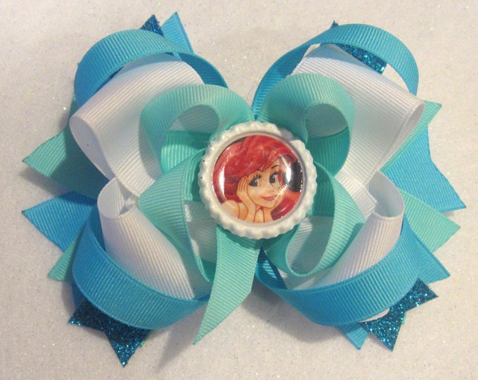 Boutique Hair Bow, Ariel hairbow, Mermaid Bows, Stacked hairbow, 5 6 inch Bow, Blue Mermaid Bow, The little mermaid bow, Big layered bows