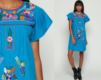 Mexican Embroidered Dress Hippie Boho Mini Ethnic Turquoise Tent Bohemian Floral Cotton Tunic Traditional Blue Rainbow Extra Small xs