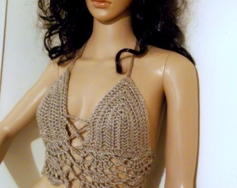 Hand Crochet Cropped Top, Festival top, Cropped Halter Top, Lacy Tank Top, Summer Halter Top, Club Wear, hippie festival top,