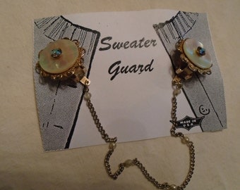 Sweater Clip Gold Tone Filigree Mother Of Pearl Amber Colored Rhinestones Earring type Clips FREE SHIPPING