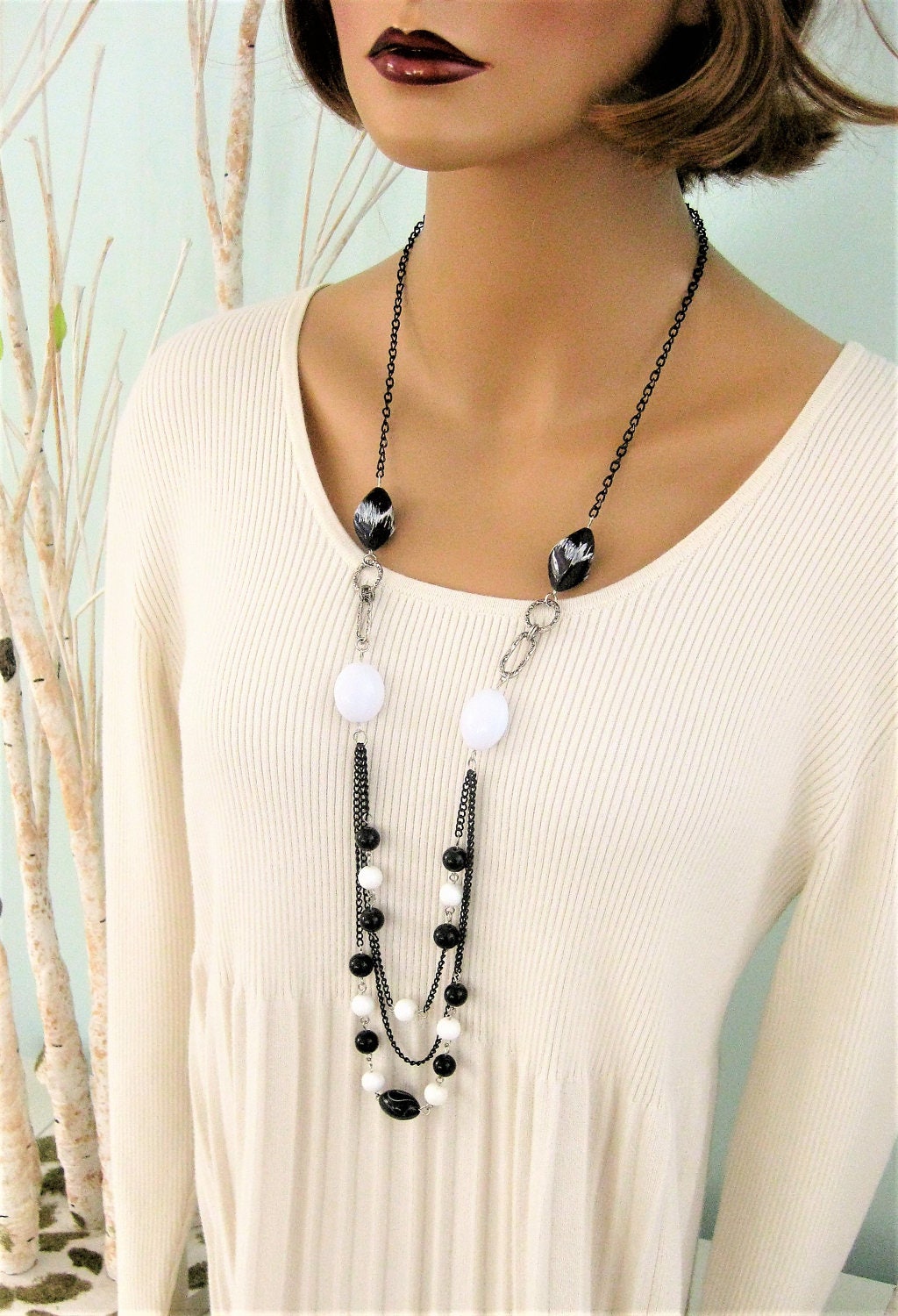 Long Black Multi Strand Necklace Layered Multi Strand