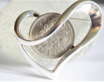 60th birthday gift for women. Sixpence brooch. Birthday brooch. 1957 Birth year brooch. Heart brooch. 60th birthday gift for a woman