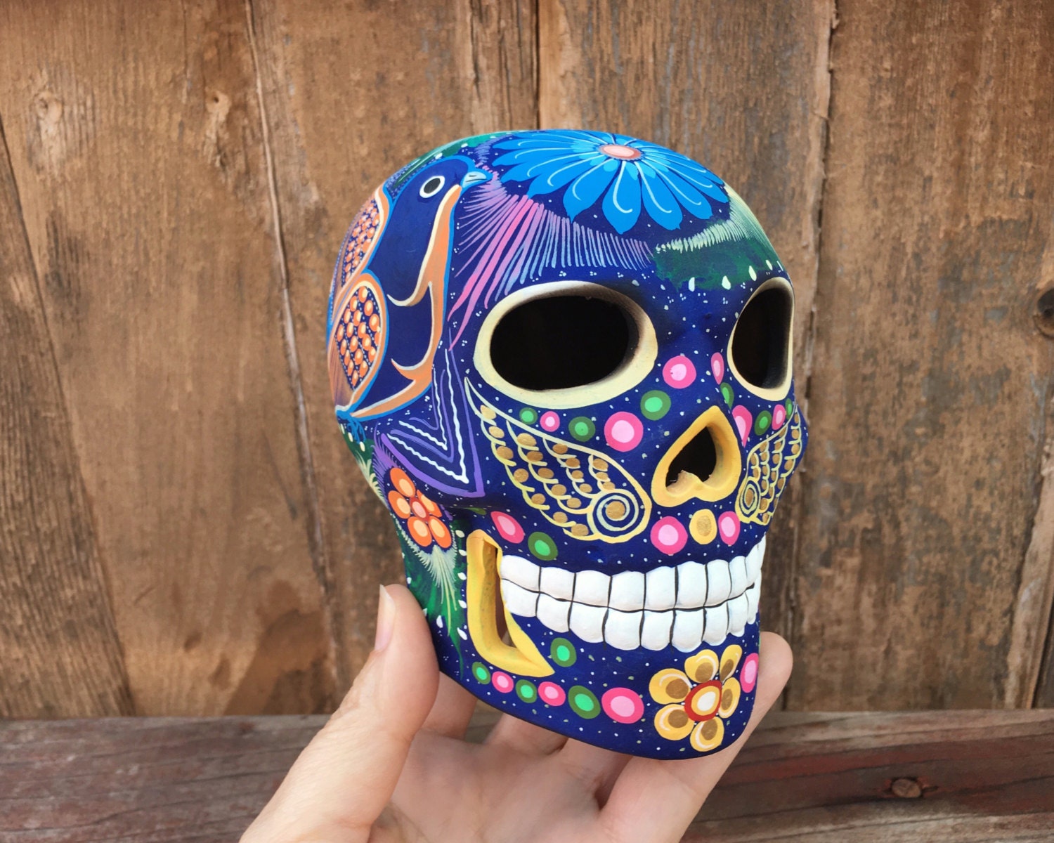 Vintage 4 tall hand-painted ceramic skull sculpture, Mexican folk art 