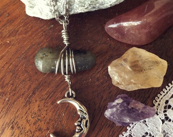 Labradorite and Crescent Moon Wire Wrapped Pendant Necklace