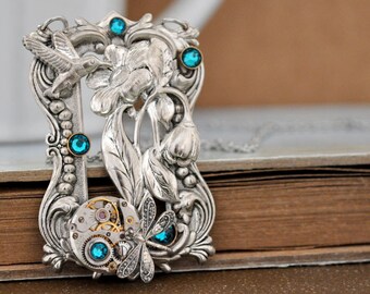THROUGH the GARDEN WINDOW, antique silver necklace with humming bird and dragonfly, steampunk Victorian silver necklace