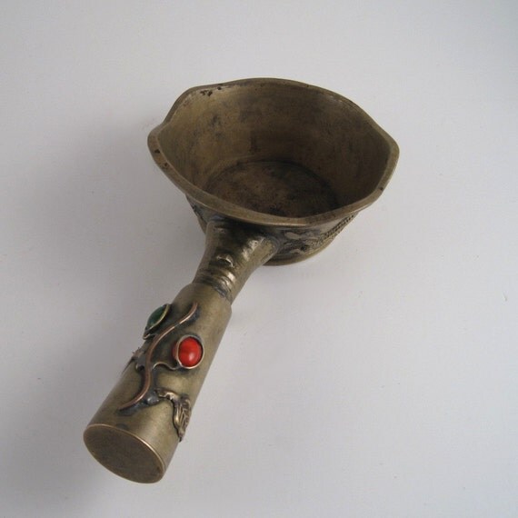 Fancy brass ashtray with enameled stones Oriental motif